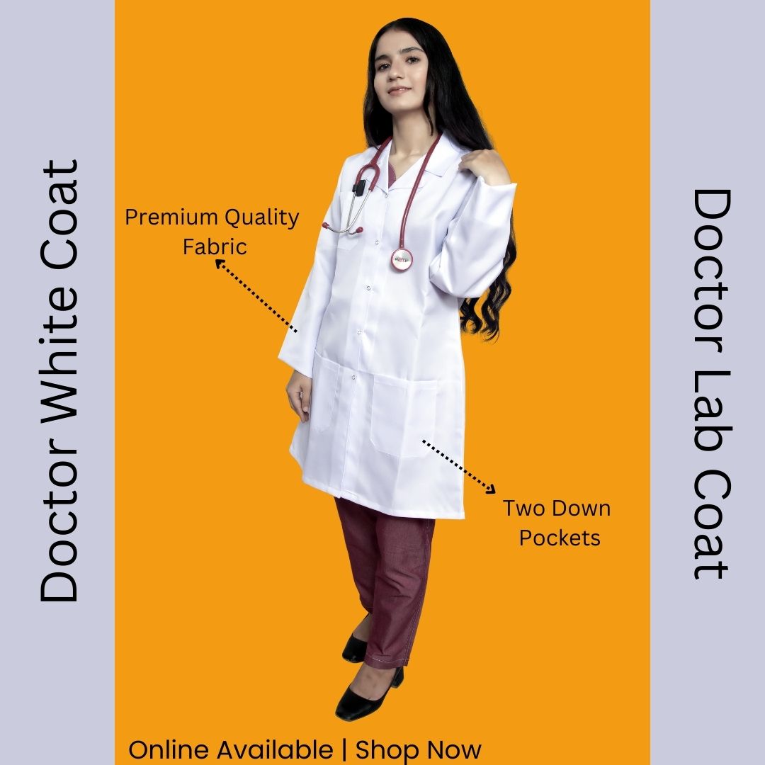 A female doctor wearing white lab coat behind plain orange background